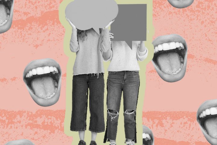 Women holding talk bubbles with a clipped mouth pattern as the background