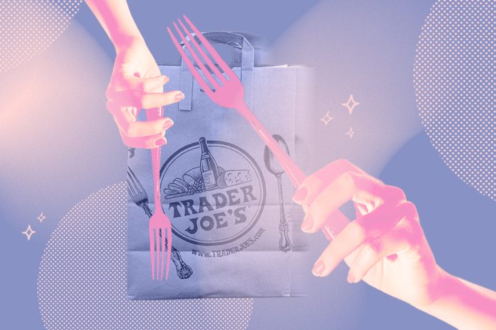 trader joes bag, hand with fork